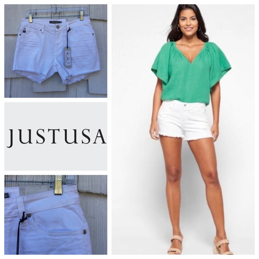 JUSTUSA Womens White Mid Rise Frayed Hem Denim Shorts JH021 Size M NEW